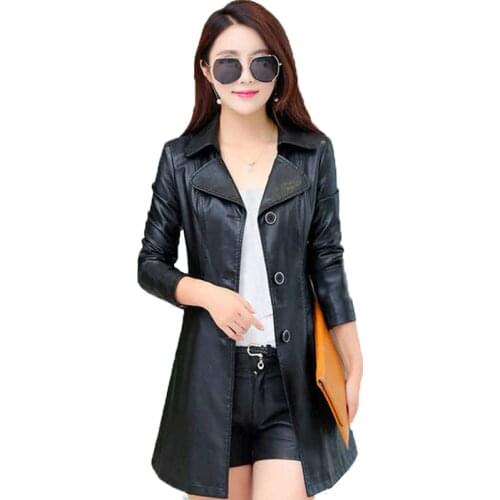 Womens Leather Spring Autumn New Fashion Plus Size Plus Thin Cotton Leather Jacket Casual Long Coat Windbreaker Coat Female A68