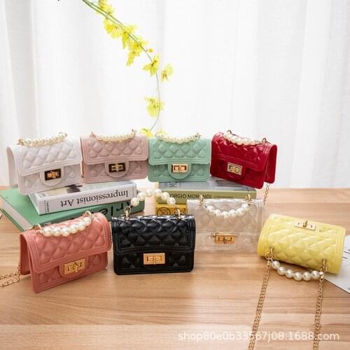 Women Mini Handbag New Elegant Shoulder Messenger Portable Chain Bag Girl PVC Jelly Bag Pearl Crossbody Rhombus Small Square Bag