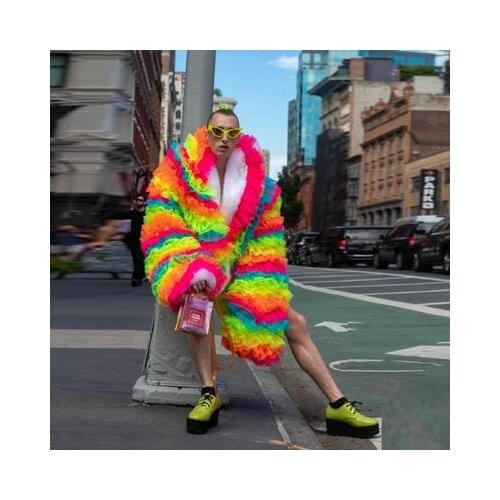 Fashion Trend Rainbow Color Thick Tulle Tops Puffy Tiered Ruffle Pleated Top Street Style Plus Velvet Inside Coat Women Winter