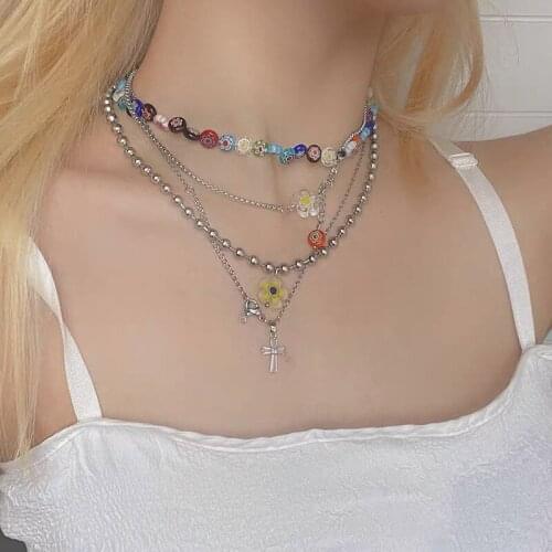 2021 retro millennium glass flower metal stacking necklace necklace necklace color necklace clavicle chain tide