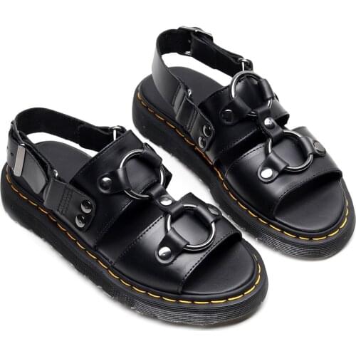 Summer Women Genuine Leather Sandals Round Toe Buckle Strap Square Heel Platform Outdoor Female Footwear