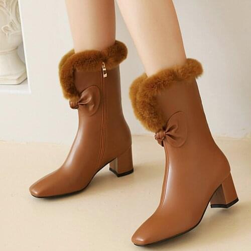 Ladies Autumn Winter Plush Warm Mid Calf Boots Fashion Bow Square Toe Shoes Female Comfortable Square Heel Zipper Shrot Boots