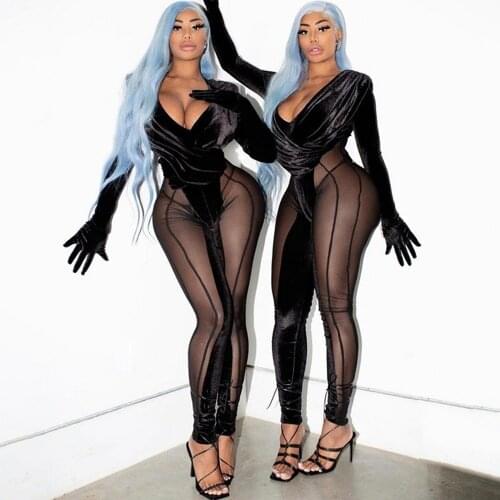 Mesh Patchwork Jumpsuit Women Autumn Full Sleeve Sexy V-Neck See Through One Piece Clothing Hot Hipster Midnight Attirewea