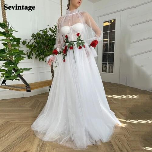 Sevintage New Design White Tulle Prom Dresses Puff Long Sleeves 3D Flowers Formal Party Dress Lace High Neck Evening Gowns