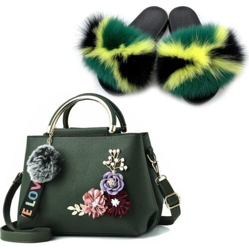Womens Fox Fur Slides Jelly PU Shoulder Bag Shoes Sets Ladies Furry Slippers Crossbody Purses Plush Sandals Female Handbag Hot