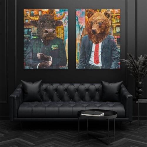 Modern Bear and Bull Cheetah Painting Print Canvas Stock Market Wall Art Poster Wall Street Modular Pictures Office Home Decor