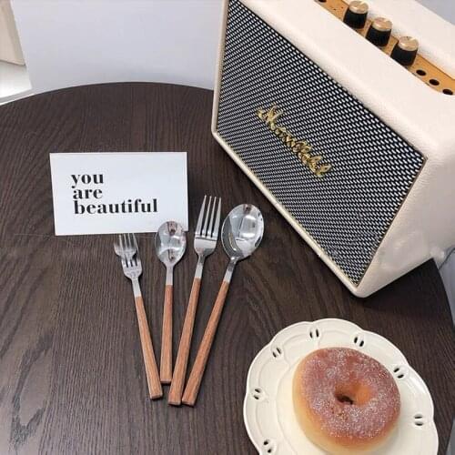 Japanese Wooden Handle Stainless Steel Tableware Simple Retro Home Chopsticks Spoon Fork Western Food Dessert Cake Essential