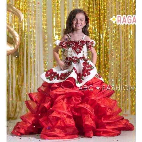 Gorgeous Red Girls Pageant Dresses Ruffles Appliqued Beaded Flower Girl Dress For Weddings Children Princess Birthday Ball Gowns