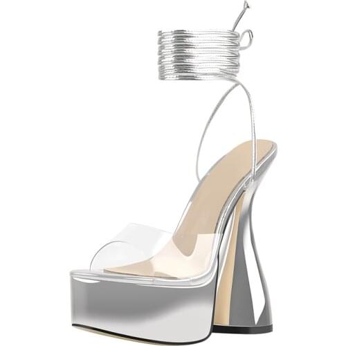 Richealnana 2021 Summer Lace Up Sandals Women Patent Leather Silver Platform Spike High Heels Ankle Strap PVC Large Size