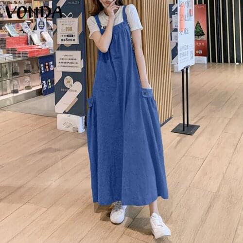 Women Denim Overalls Dress 2021 VONDA Female Casual Sleeveless Pleated Long Dresses Beach Summer Sundress Vestidos