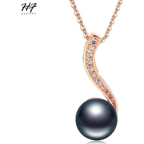 Elegant Black Imitation Pearl Pendant Necklace for Women Rose Gold Color Fashion Jewellery Jewelry For Girls XMas Gift N435