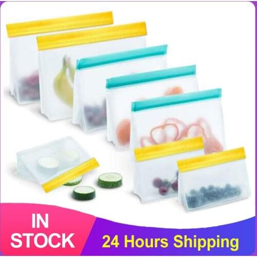 3-8 Pieces/Set Of Silicone Food Bag Frosted PEVA Food Storage Bag Reusable Zipper Upgrade Leak-Proof Silicone Fresh-Keeping Bag