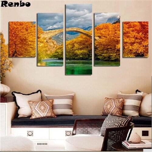 5Pcs DIY Diamond Embroidery Autumn Brige Seascape Scenery Diamond Painting For Home Hotel Decoration 5D Mosaic Sets Crafts Gift