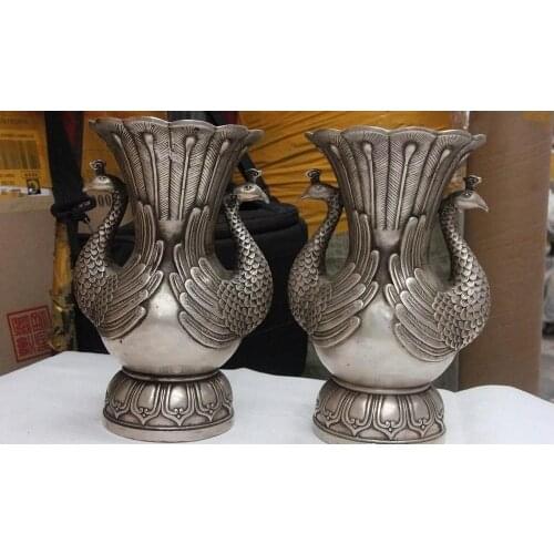 Free Shipping 23cm A pair Chinese Royal Palace White Copper Silver Peacock Bird Zun Bottle Pot Vase