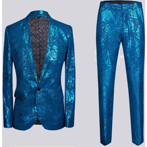 Blazer men groom suit set with pants personality host printing costime homme singer star style dance stage clothing formal dress