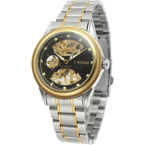 New Winner Design Men Watch Hand Wind Skeleton Black Golden Transparent Fashion Casual Mechanical Wrist Watch Relogio Masculino