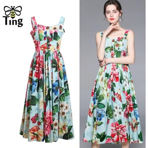 Tingfly Designer Fashion New Flower Button Decor Floral Midi Long Summer Dress A Line Party Dinner Dresses Vestidos Robes Zaful