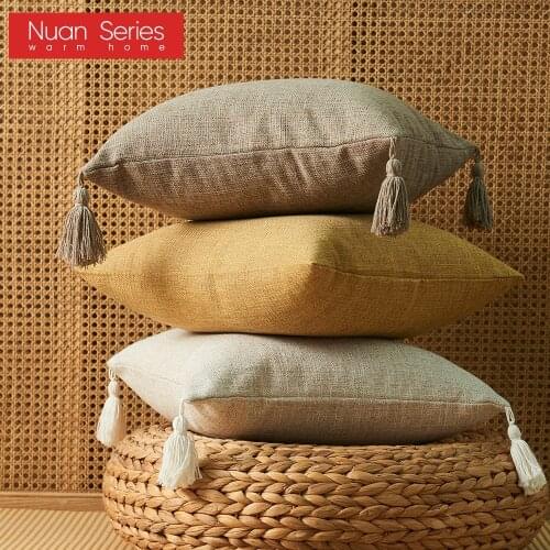 Home Decorative Pure Color Cotton Hemp Tassel Pillow Cover For Home Simple Art Style Square Pillow Cushion Cover Without Core