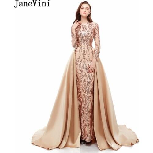 JaneVini Glitter Sequined Champagne 2019 Evening Dress with Detachable Train Long Sleeves Arabic Mermaid Luxury Formal Dresses