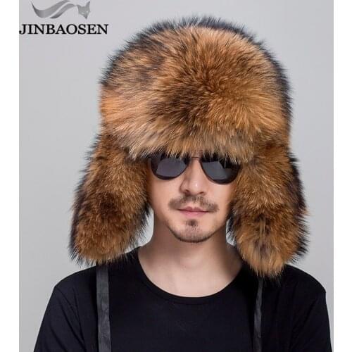 JINBAOSEN Genuine Fox Fur Hats For Men Real Raccoon Fur Lei Feng Caps Russian Winter Men Ear Hats For Women