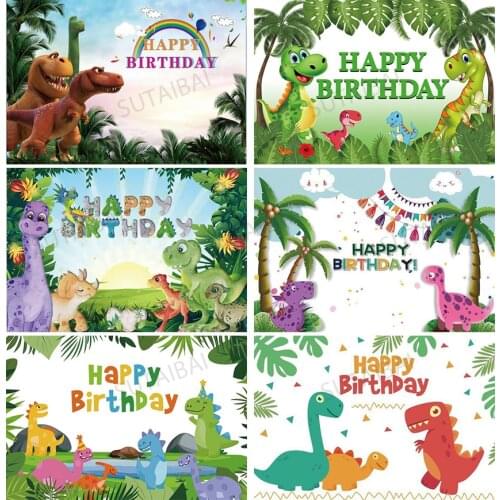 Cute Cartoon Dinosaur Party Backdrops Happy Birthday Green Plant Jungle Photo Backgrounds Baby Shower Custom Banners Decor Props
