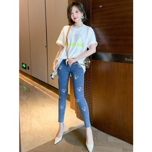Contrast letters fashion crew neck short sleeve T Compassionate+Hot drill slim jeans suit 2021 Spring new High Top Quality
