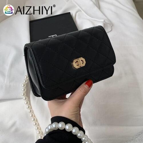 Fashion Women PU Leather Lattice Pattern Pure Color Pearl Chain Crossbody Shoulder Messenger Bag Vintage Ladies Mini Purses