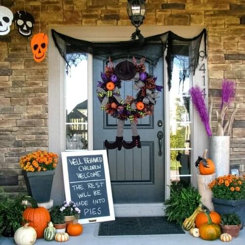 New Witch Halloween Wreath With Hat Legs Front Door Hanging Wreath Pumpkin Wreath For Halloween Decorations