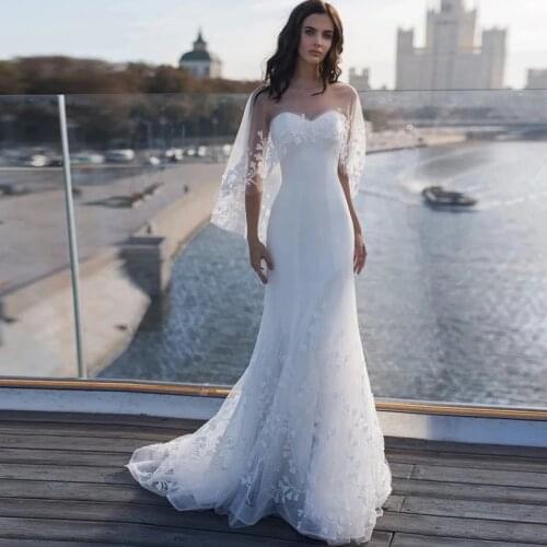 Wholesale White Mermaid 2021 Bridal Wedding Dresses with Shawl Sweetheart Corset Back Wedding Gowns for Bride Sweep Train