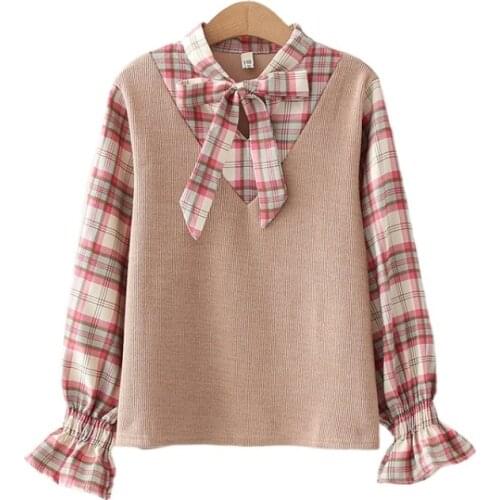 2021 Autumn Women Blouse Plaid Patchwork Lace Up Blusa Petal Sleeve Turndown Collar Female Fake Two Pieces Tops Blusas De Mujer