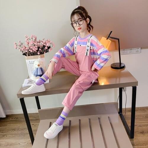 Girls autumn striped T-shirt overalls Girls new casual suit Girls long sleeve T-shirt and trousers two-piece suit