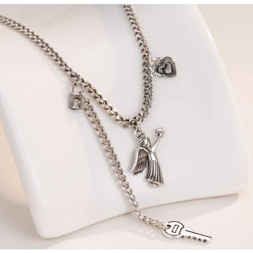 S925 Sterling Silver Necklace Temperament Long Section With Ange Key Necklace For Fashion Temperament Student Women Pendant