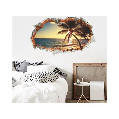 Landscape Painting 3D Wall Sticker Broken Beach Coconut Tree Wallpaper Home Decor Bookcase Stickers Living Room Decoration