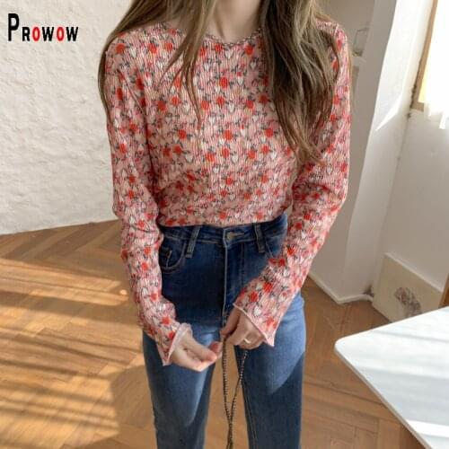 Prowow Sweet Floral Womens Shirt Blouse 2021 New Long Sleeve Spring Fall Slim Top Clothes for Woman Folds Chiffon Casual Style