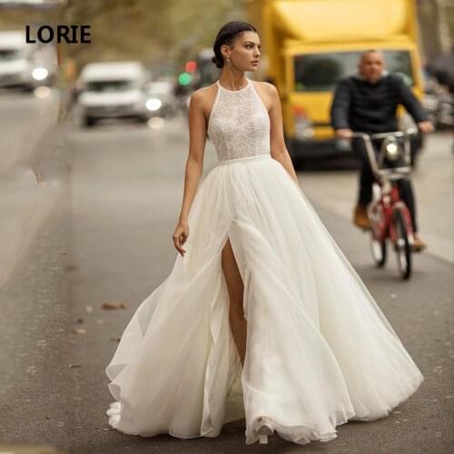 LORIE Bohemian Lace Wedding Dresses Appliques Halter Neck Side Split Bride Gowns robes de mariée Vestidos de novia
