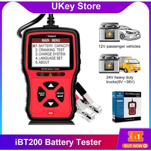 9V-36V VIDENT iBT200 Battery Tester Analyzer for 12V Passenger Cars and 24V Heavy Duty Trucks 100 to 2000CCA Multi language