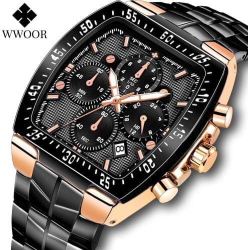 WWOOR 2021 New Sports Watches For Men Fashion Black Military Quartz Waterproof Wristwatch Male Square Casual Chronograph Clock