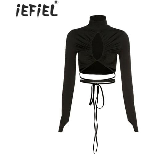 Women Fashion High Neck Long Sleeve Casual Short T-shirt Hollow Out Lace-up Crop Top Sissy Female Bandage Tees for Partywear