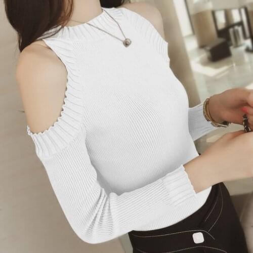 Ladies O-neck Solid Color Sexy Off-shoulder Tshirts Womens Slim Black Long-sleeved Pullover T-shirt Bottoming Shirt Top Autumn