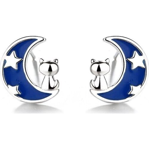 925 Sterling Silver Christmas Gift Moon Cat Star Stud Earring for Women Wedding Gifts Jewelry pendientes eh1373