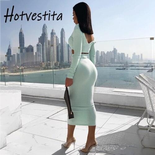Hotvestita Cotton Sexy V-Neck Long Sleeve Backless Crop Top High Waist Bodycon Pencil Maxi Skirt Women Autumn Solid 2 Piece Set