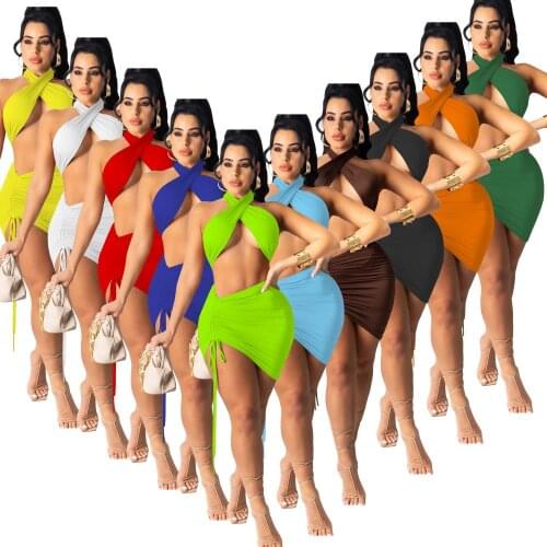 Two Pieces Outfits for Women Solid Crisscross Halter Sexy Crop Top Backless Sleeveless Side Drawstring Pleated Mini Skirts Suits