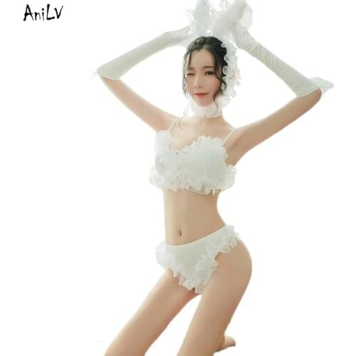 AniLV Cute Pet White Bunny Girl Uniform Costumes Cosplay Women Rabbit Elf Ruffle Bikini Erotic Pajamas Lingerie Outfit Set