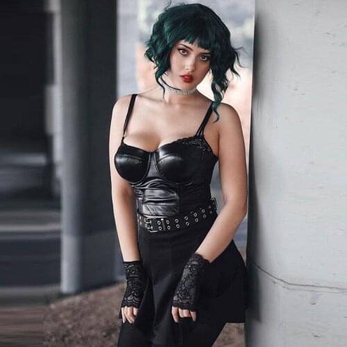 New Top Sexy Crop Top Lace Patchwork Pu Black Crop Top Gothic Top Sleeveless Top Women Free Shiping