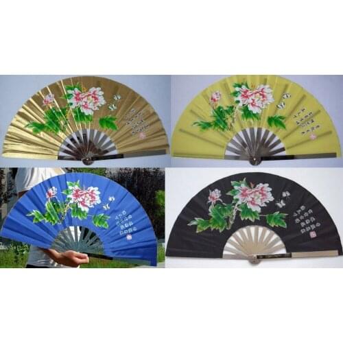 4color thick stainless steel DOUBLE SIDED peony fan Yellow/golden/black/blue martial arts tai chi fan kung fu The fans