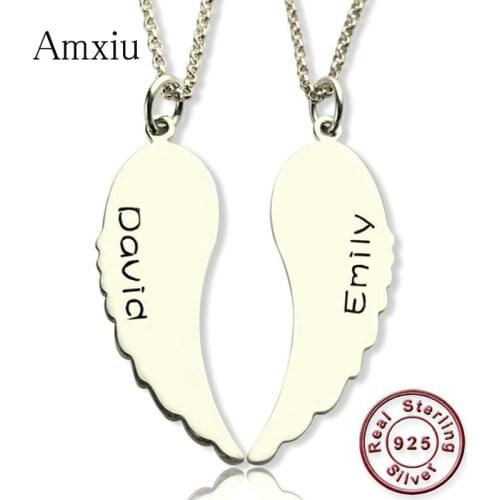 Amxiu 2 Pieces Angle Wing Necklace Engraved Two Names Necklaces Personalized 925 Silver Jewelry Pendant Necklace For Lovers Gift