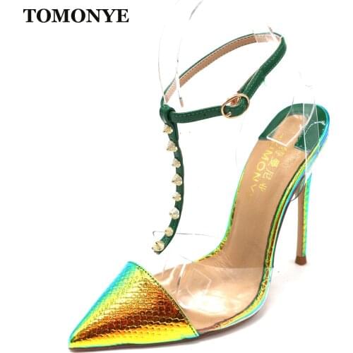 TOMONYE yellow green snake python T strap with spike ankle strap women lady female summer clear shoes 120mm sexy sandal on sale