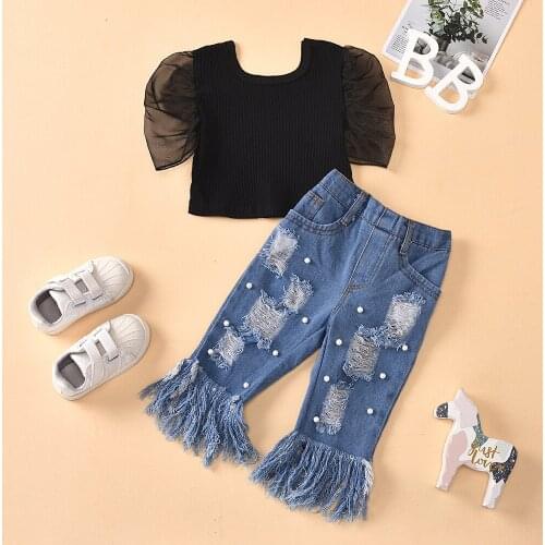 Childrens Clothing Girls Clothing Net Yarn Splicing Pure Color Clothes Ripped Jeans Short Sleeve Fringed Edge Trousers Suit2021