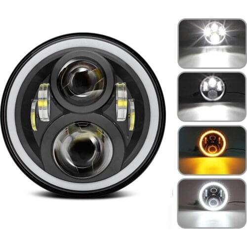 60W 7 Inch Motorcycles LED Headlights H4 High Low Beam White DRL Amber Turn Signal Halo For Jeep Wrangler Offroad Lights