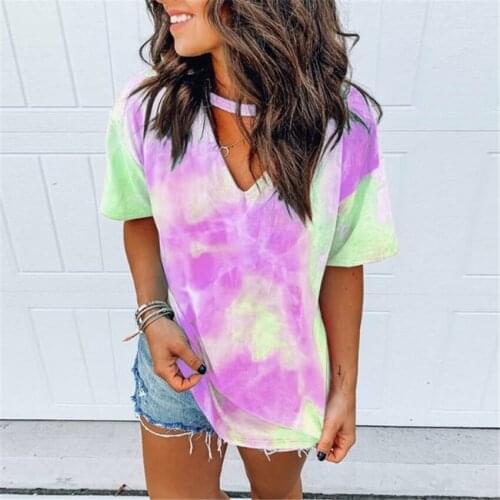 Hollow Out T-shirt Tie Dye Tops Tee Women Summer Short Sleeve v-neck tee 2020 harajuku camiseta mujer tee shirt femme streetwear